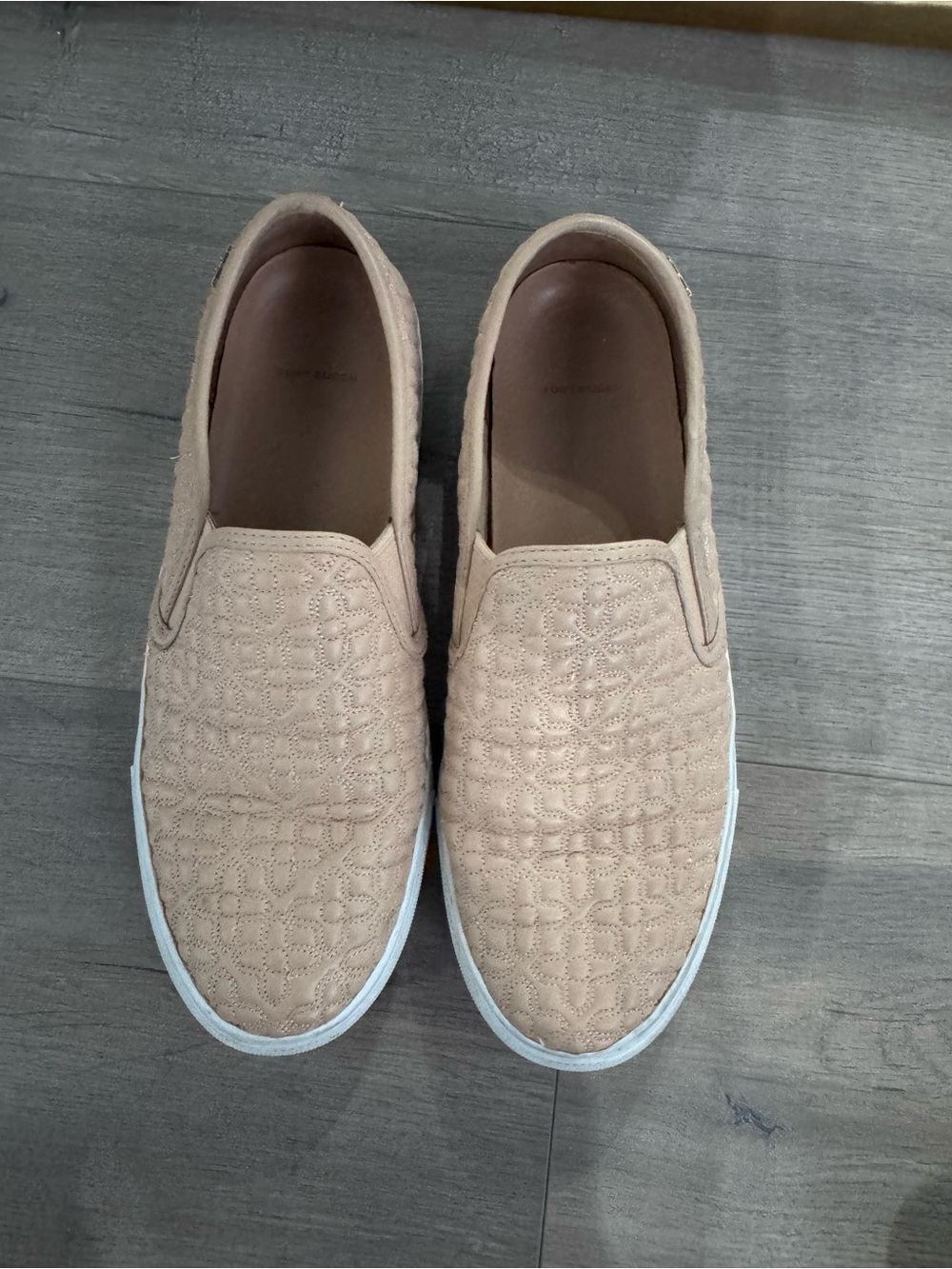 Tory Burch Quilted Slip-On Flats in Light Beige with White Soles